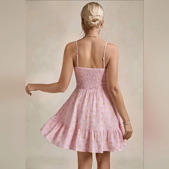 New Boho Floral Print Cotton Smocked Cami Short Dress Pink Yellow - Picture 5 of 9